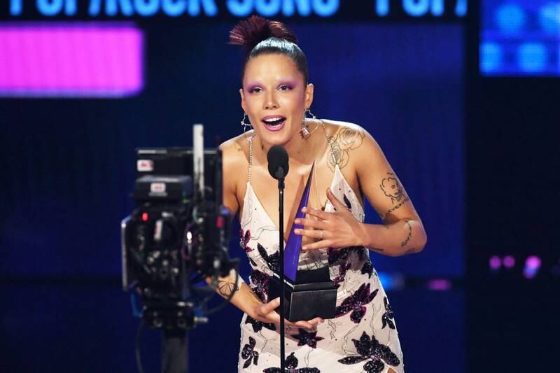 LOS ANGELES, CALIFORNIA - NOVEMBER 24: Halsey accepts the Favorite Song - Pop/Rock award for 'Without Me' onstage during the 2019 American Music Awards at Microsoft Theater on November 24, 2019 in Los Angeles, California. (Photo by Kevin Winter/Getty Images for dcp)