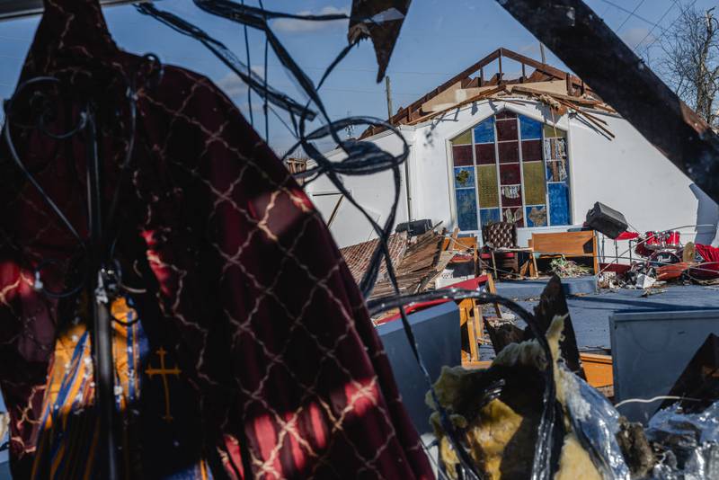 MADISON, TENNESSEE - DECEMBER 10: A single standing wall of the nave of Sabbath Day Church of God in Christ is seen in the aftermath of a tornado on December 10, 2023 in Madison, Tennessee. Multiple long-track tornadoes were reported in northwest Tennessee on December 9th causing multiple deaths and injuries and widespread damage. (Photo by Jon Cherry/Getty Images)