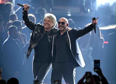 Pitbull & Jon Bon Jovi rocked the stage, performing "We Do It Our Way" At The 2024 Latin GRAMMYs! (Courtesy of Larry Marano)