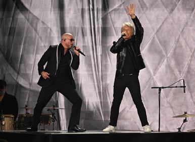 Pitbull & Jon Bon Jovi rocked the stage, performing "We Do It Our Way" At The 2024 Latin GRAMMYs! (Courtesy of Larry Marano)