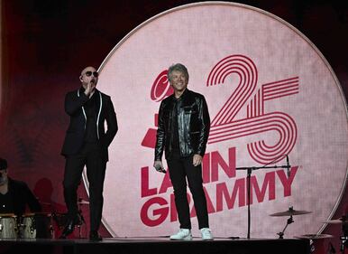 Pitbull & Jon Bon Jovi rocked the stage, performing "We Do It Our Way" At The 2024 Latin GRAMMYs! (Courtesy of Larry Marano)