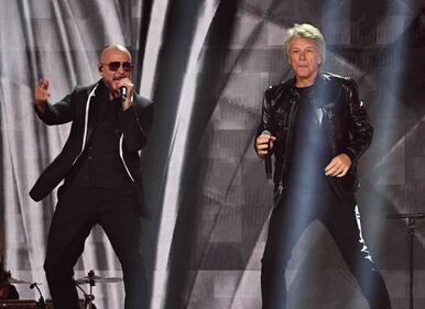 Pitbull & Jon Bon Jovi rocked the stage, performing "We Do It Our Way" At The 2024 Latin GRAMMYs! (Courtesy of Larry Marano)