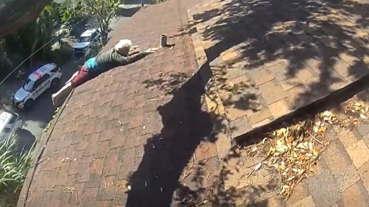 Police in Tampa, Florida, helped rescue a man who slipped while blowing leaves off the roof of a three-story residence.