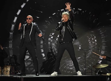 Pitbull & Jon Bon Jovi rocked the stage, performing "We Do It Our Way" At The 2024 Latin GRAMMYs! (Courtesy of Larry Marano)