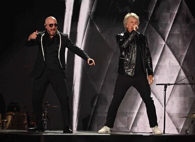 Pitbull & Jon Bon Jovi rocked the stage, performing "We Do It Our Way" At The 2024 Latin GRAMMYs! (Courtesy of Larry Marano)