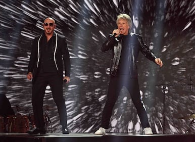 Pitbull & Jon Bon Jovi rocked the stage, performing "We Do It Our Way" At The 2024 Latin GRAMMYs! (Courtesy of Larry Marano)