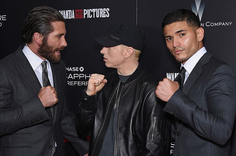 NEW YORK, NY - JULY 20:  (L-R) Jake Gyllenhaal, Eminem, and Miguel Gomez attend the "Southpaw" New York Premiere at AMC Loews Lincoln Square on July 20, 2015 in New York City.  (Photo by Dimitrios Kambouris/Getty Images)