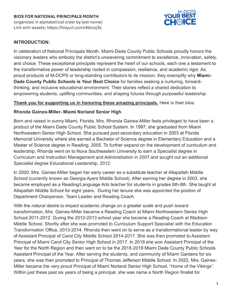 M-DCPS National Principals Month bios
