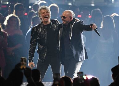 Pitbull & Jon Bon Jovi rocked the stage, performing "We Do It Our Way" At The 2024 Latin GRAMMYs! (Courtesy of Larry Marano)