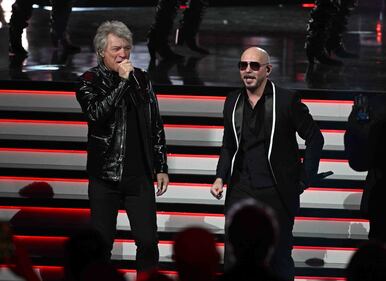 Pitbull & Jon Bon Jovi rocked the stage, performing "We Do It Our Way" At The 2024 Latin GRAMMYs! (Courtesy of Larry Marano)