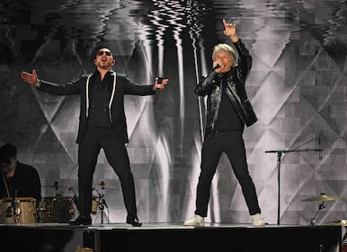 Pitbull & Jon Bon Jovi rocked the stage, performing "We Do It Our Way" At The 2024 Latin GRAMMYs! (Courtesy of Larry Marano)