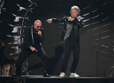 Pitbull & Jon Bon Jovi rocked the stage, performing "We Do It Our Way" At The 2024 Latin GRAMMYs! (Courtesy of Larry Marano)