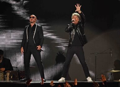 Pitbull & Jon Bon Jovi rocked the stage, performing "We Do It Our Way" At The 2024 Latin GRAMMYs! (Courtesy of Larry Marano)