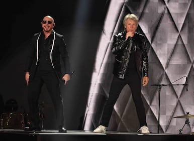 Pitbull & Jon Bon Jovi rocked the stage, performing "We Do It Our Way" At The 2024 Latin GRAMMYs! (Courtesy of Larry Marano)