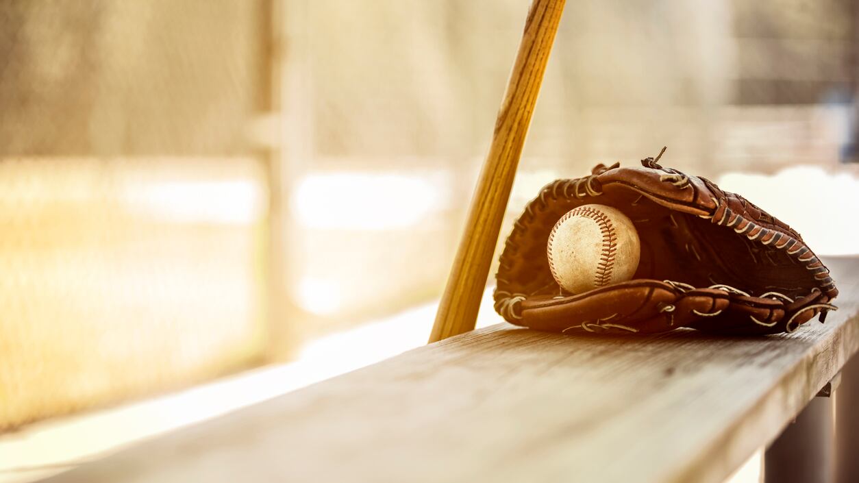 Baseball bat, glove and ball