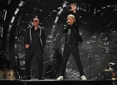 Pitbull & Jon Bon Jovi rocked the stage, performing "We Do It Our Way" At The 2024 Latin GRAMMYs! (Courtesy of Larry Marano)