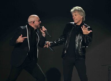 Pitbull & Jon Bon Jovi rocked the stage, performing "We Do It Our Way" At The 2024 Latin GRAMMYs! (Courtesy of Larry Marano)