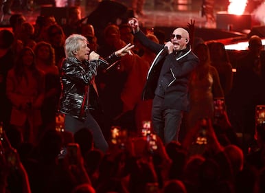 Pitbull & Jon Bon Jovi rocked the stage, performing "We Do It Our Way" At The 2024 Latin GRAMMYs! (Courtesy of Larry Marano)