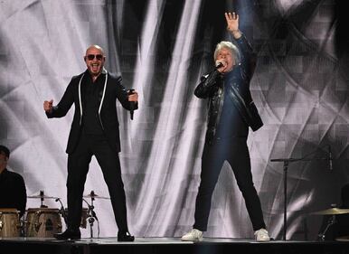 Pitbull & Jon Bon Jovi rocked the stage, performing "We Do It Our Way" At The 2024 Latin GRAMMYs! (Courtesy of Larry Marano)